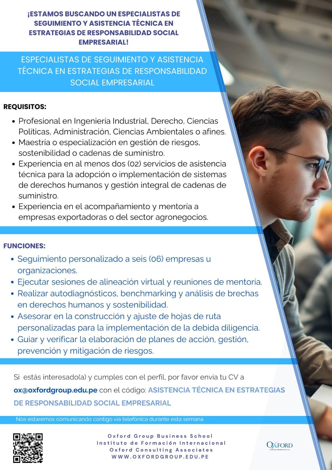 convocatoria especialistas seguimiento asistencia tecnica estrategias responsabilidad social empresarial oxford group