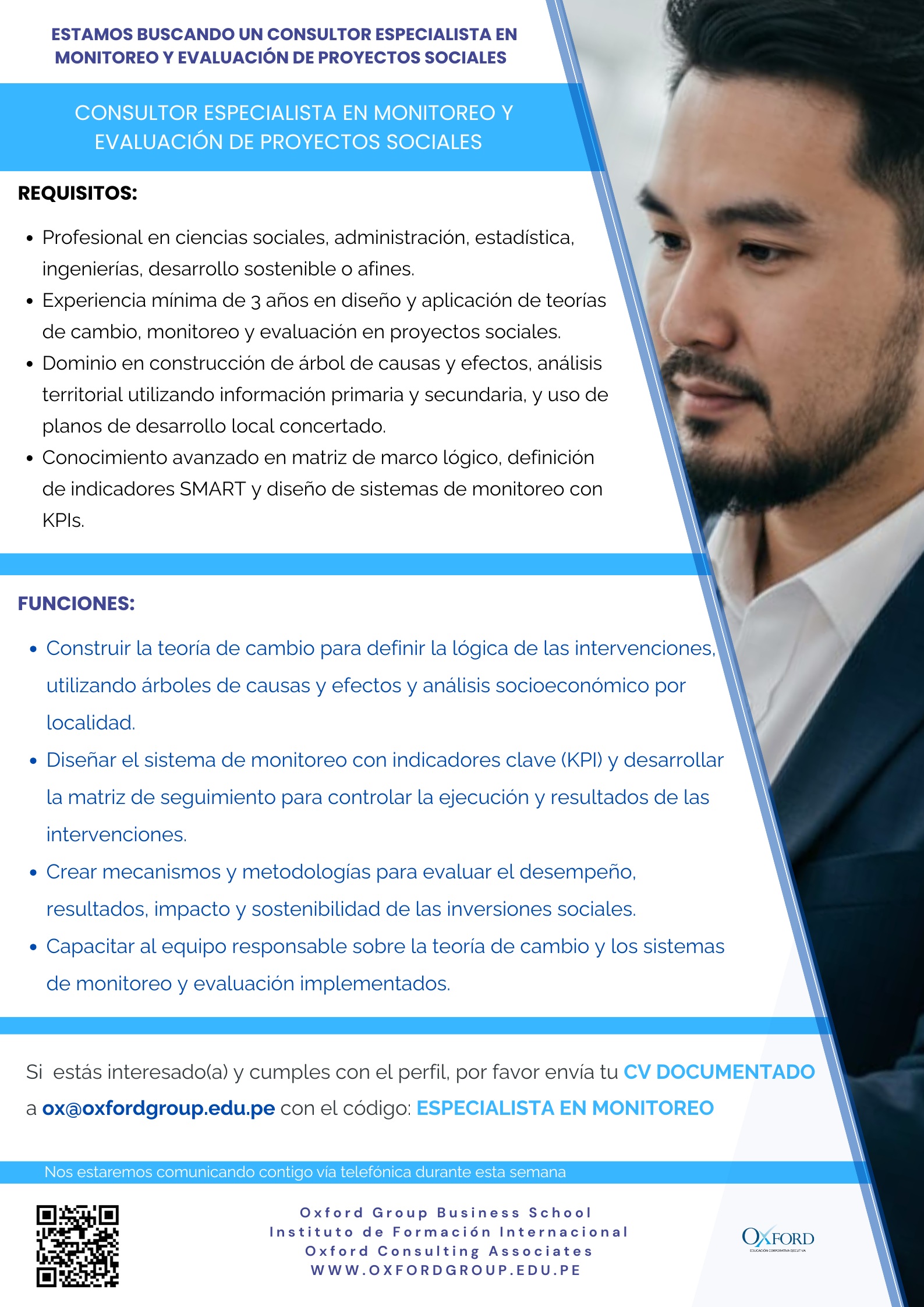 convocatoria consultor especialista monitoreo evaluacion proyectos sociales oxford group